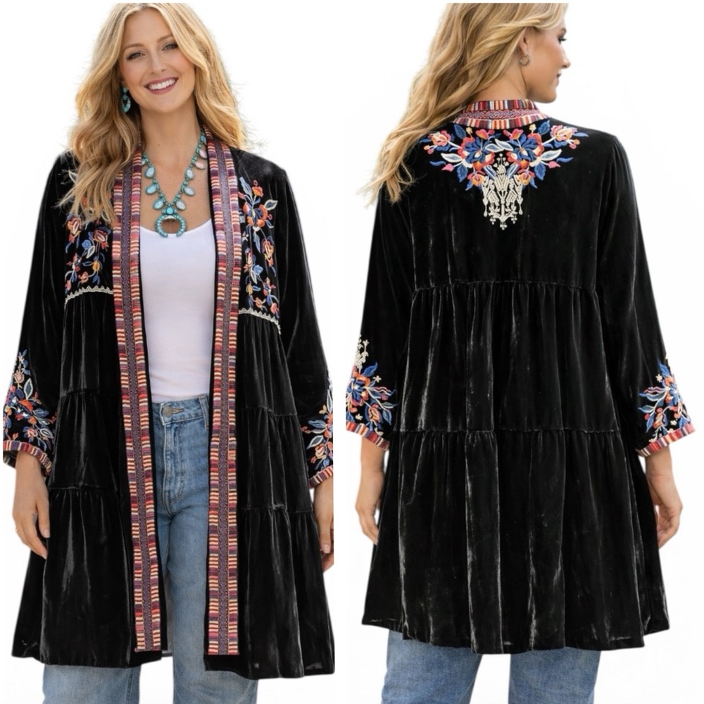 Johnny Was heavily embroidered velvet Claude tiered duster jacket NWT